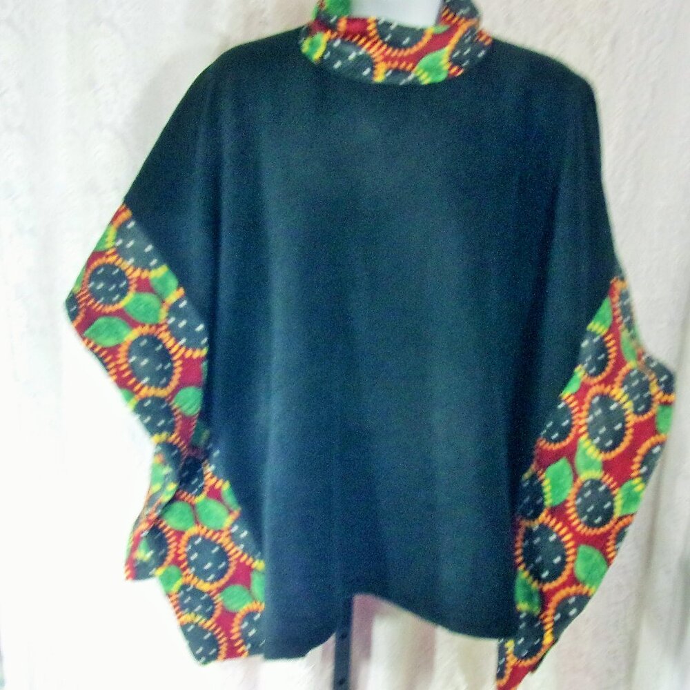Sunflowers Poppin' Poncho Black Red Yellow Handmade One Size  NWOT